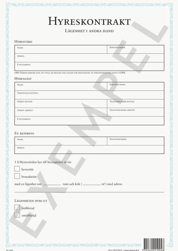 Blankett Hyreskontrakt lägenhet i andra hand
