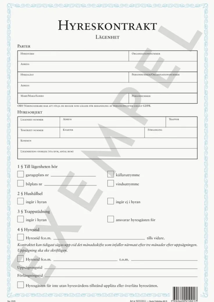 Blankett Hyreskontrakt lägenhet inkl borgensförbindelse