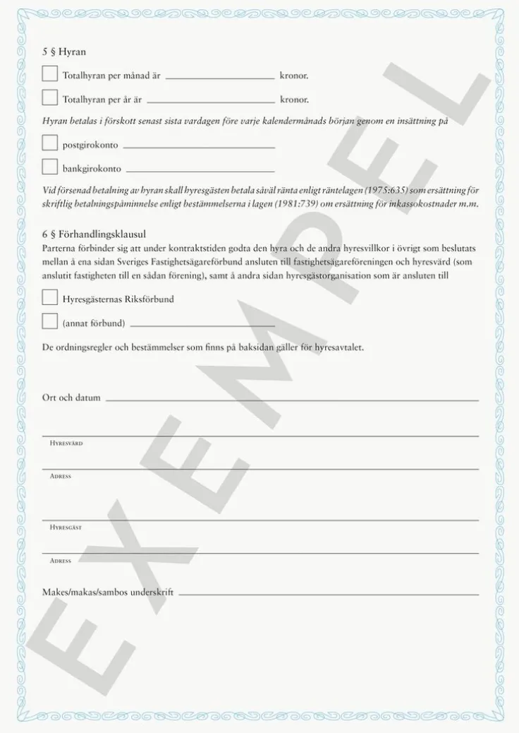 Blankett Hyreskontrakt lägenhet inkl borgensförbindelse