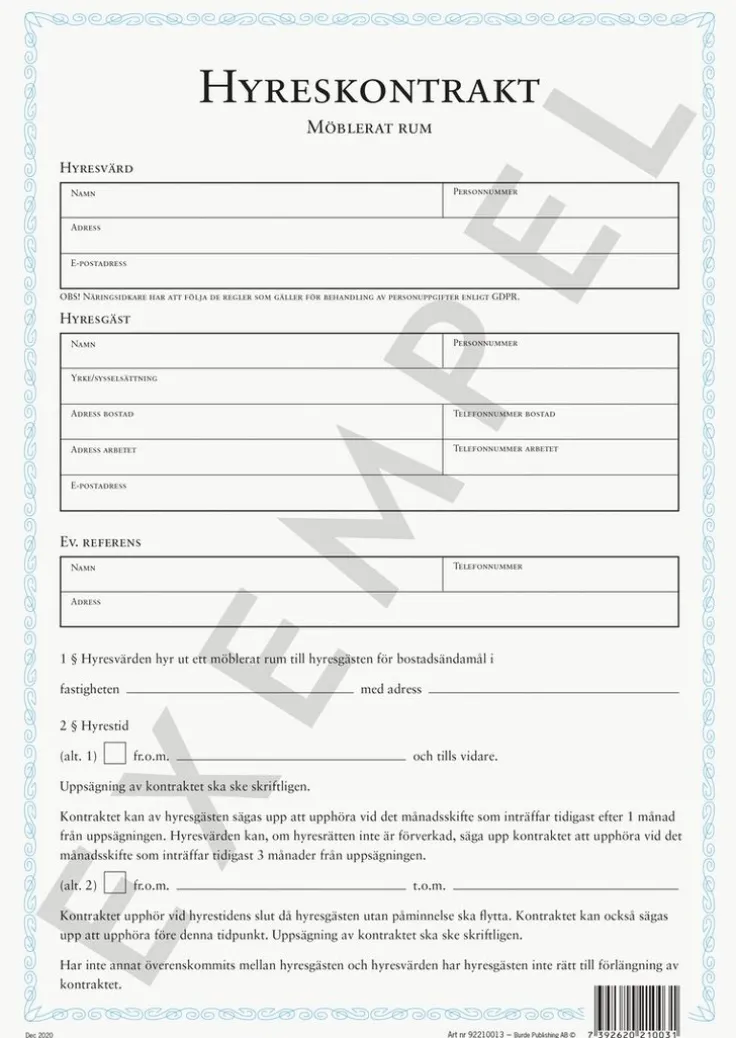 Blankett Hyreskontrakt möblerat rum