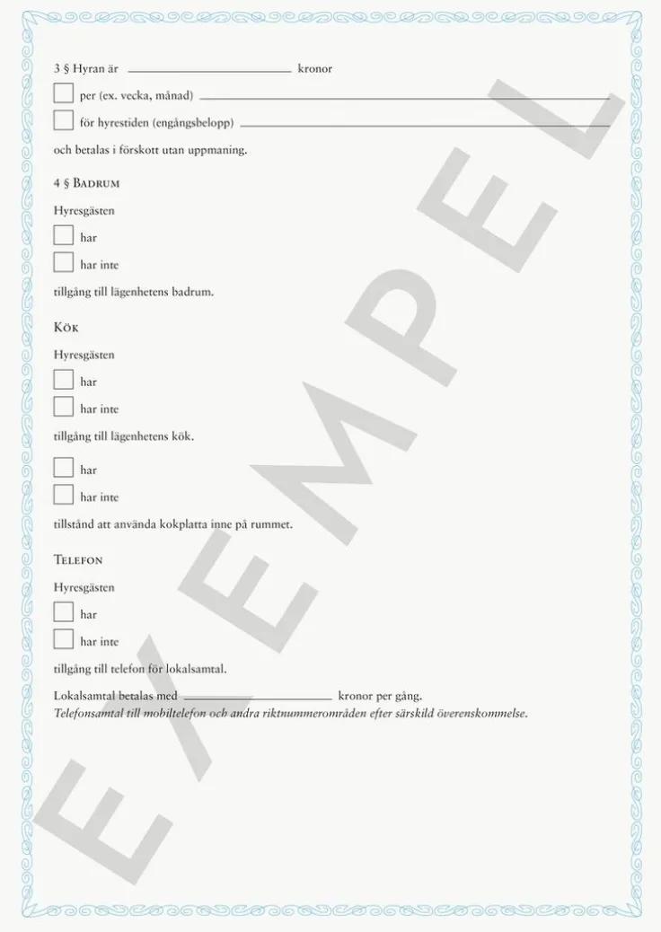 Blankett Hyreskontrakt möblerat rum