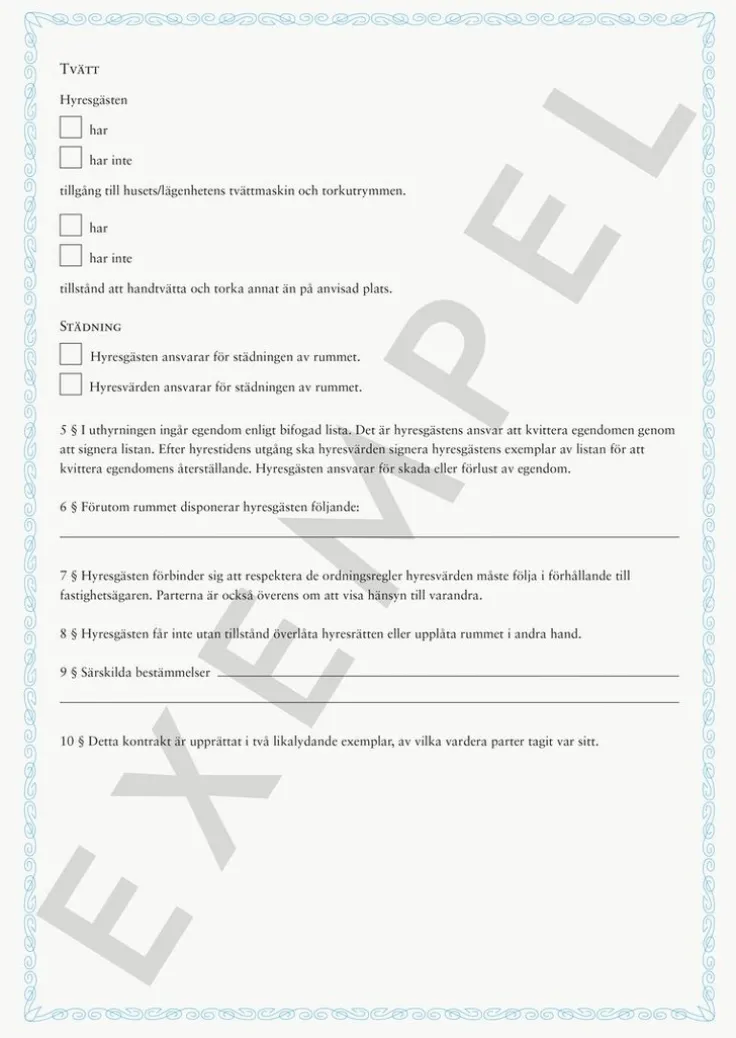 Blankett Hyreskontrakt möblerat rum
