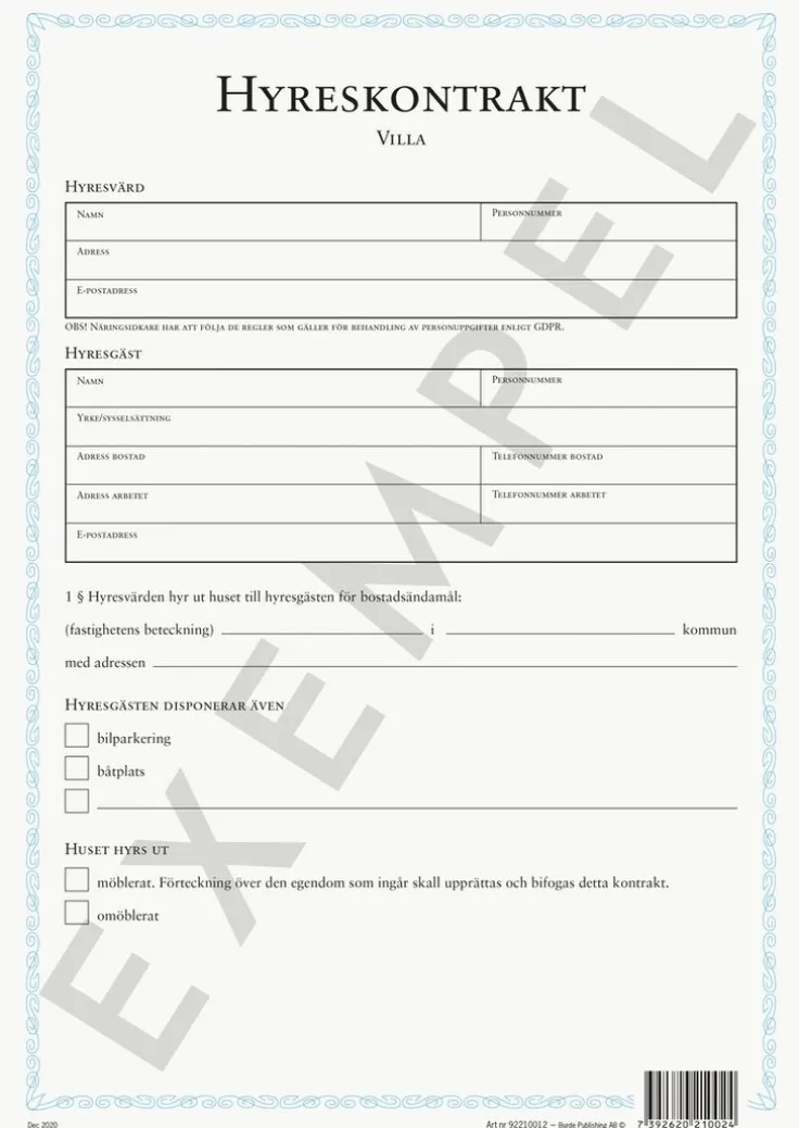 Blankett Hyreskontrakt villa