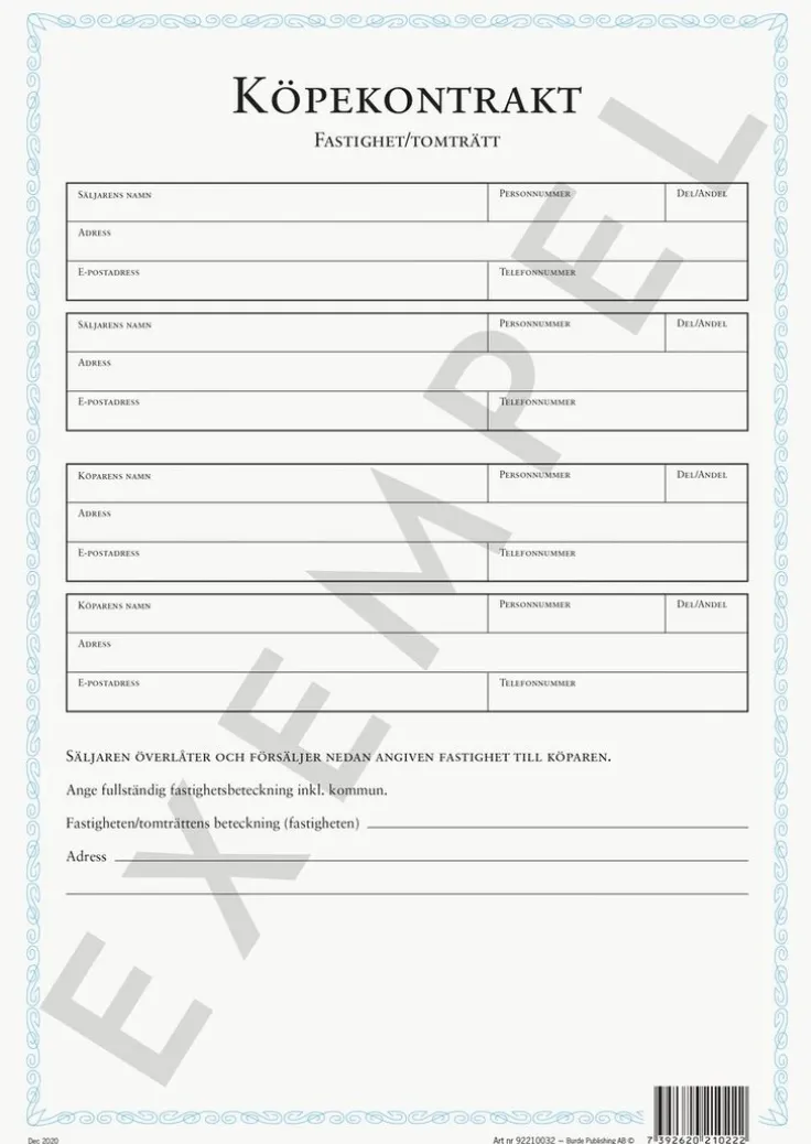 Blankett Köpekontrakt Fastighet/Tomträtt