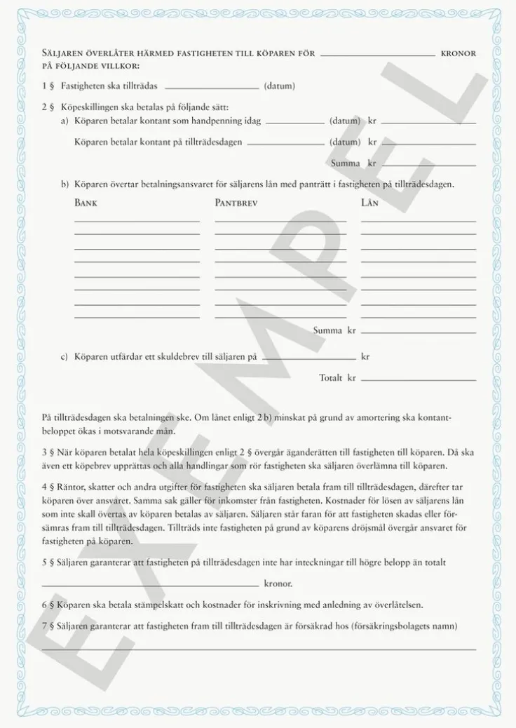 Blankett Köpekontrakt Fastighet/Tomträtt