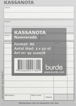Kassanota A6, numrerad, 2 x 50 blad
