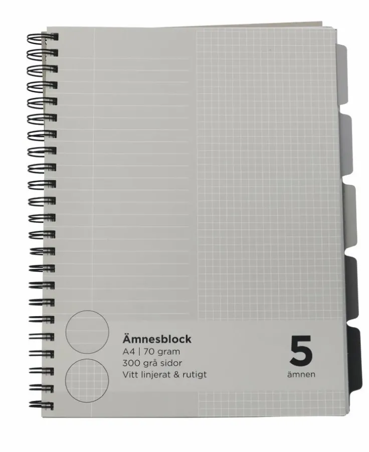 Ämnesblock A4 5 flikar - grå inlaga/vita linjer