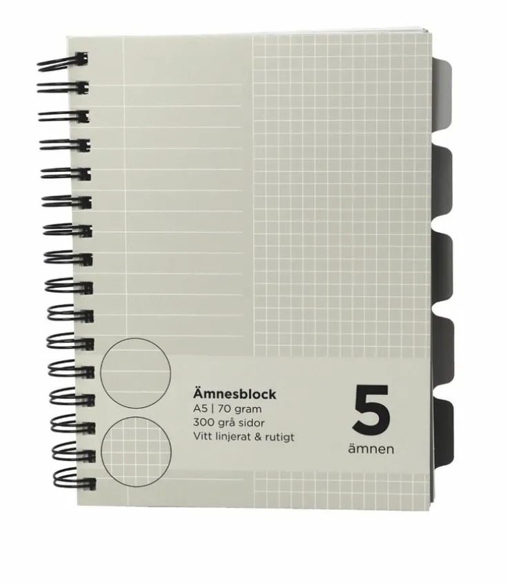 Ämnesblock A5 5 flikar - grå inlaga/vita linjer