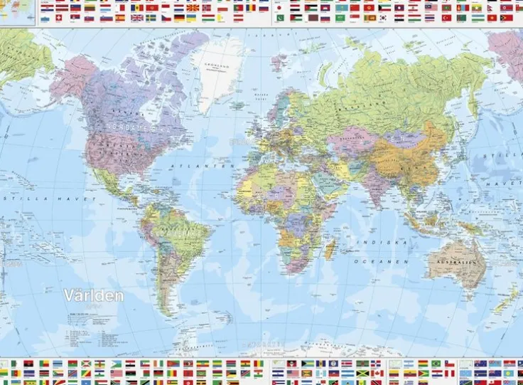 Världen väggkarta politisk med flaggor, 1:30m i papptub Kartförlaget